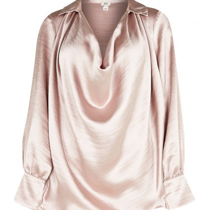 RIVER ISLAND Pink cowl neck long sleeve blouse top ~ draped neckline blouses - flipped