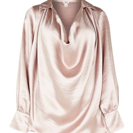 RIVER ISLAND Pink cowl neck long sleeve blouse top ~ draped neckline blouses