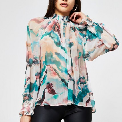 RIVER ISLAND Pink floral high neck ruched blouse top ~ feminine high neck blouses - flipped