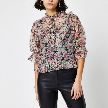 River Island Pink floral puff sleeve tea top - flipped