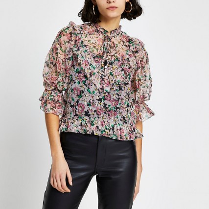 River Island Pink floral puff sleeve tea top