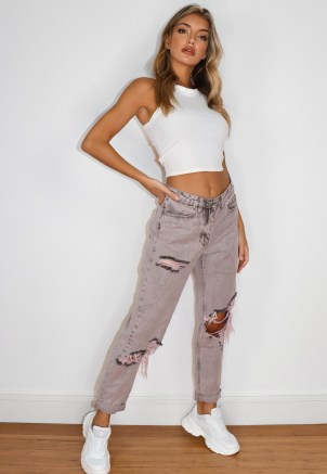 MISSGUIDED pink riot mid wash roll hem knee rip mom jeans ~ destroyed denim - flipped