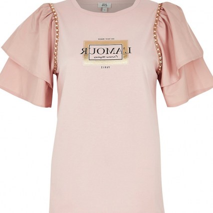 RIVER ISLAND Pink short sleeve ‘L’Amour’ frill t-shirt ~ layered sleeve slogan tee - flipped