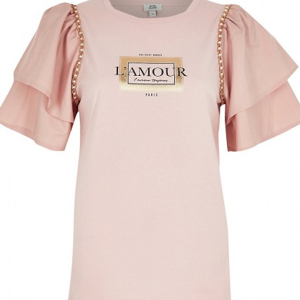 RIVER ISLAND Pink short sleeve ‘L’Amour’ frill t-shirt ~ layered sleeve slogan tee