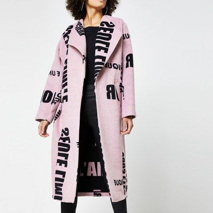 RIVER ISLAND Pink word print coatigan / slogan print coatigans / open front coats - flipped