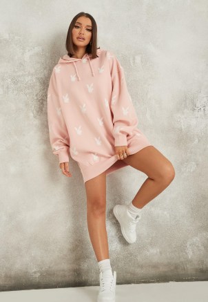 MISSGUIDED playboy x missguided pink extreme oversized repeat print hoodie dress ~ hooded sweat dresses - flipped