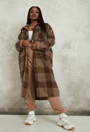MISSGUIDED plus size brown checked brushed back spliced shacket ~ curvy fashion ~ longline shackets - flipped
