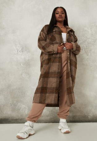 MISSGUIDED plus size brown checked brushed back spliced shacket ~ curvy fashion ~ longline shackets