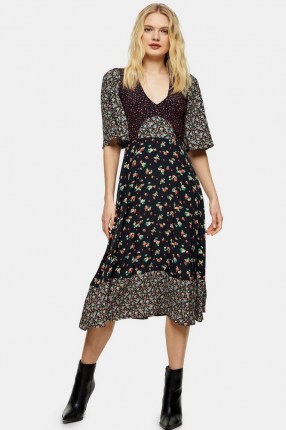 TOPSHOP Polka Dot And Floral Mixed Print Midi Dress / mixed floral print dresses