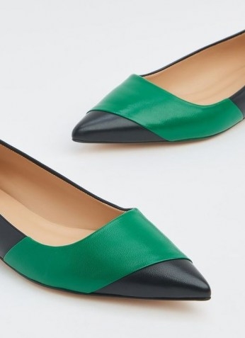 L.K. BENNETT POSEY BLACK AND GREEN LEATHER POINTED FLATS / pointy colour block flat shoes - flipped