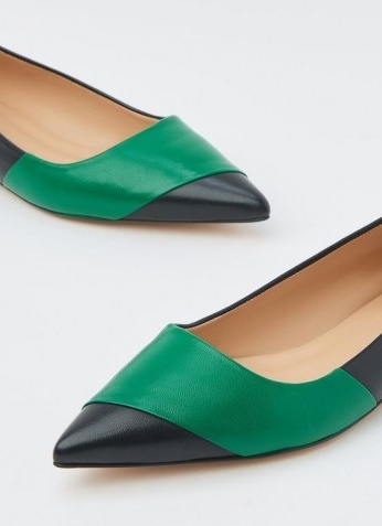 L.K. BENNETT POSEY BLACK AND GREEN LEATHER POINTED FLATS / pointy colour block flat shoes