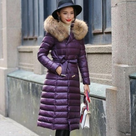 Ultamodan Belted Parka Down Coat With Faux Fur Collar | purple padded coats