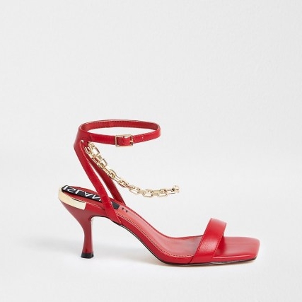 RIVER ISLAND Red chain ankle barely there heels / bright sassy sandals