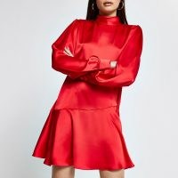 RIVR ISLAND Red peplum hem shift mini dress ~ high neck satin dresses