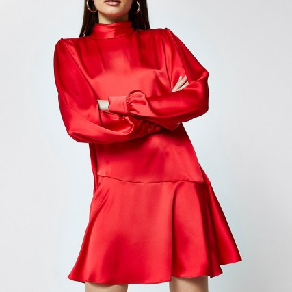 RIVR ISLAND Red peplum hem shift mini dress ~ high neck satin dresses - flipped