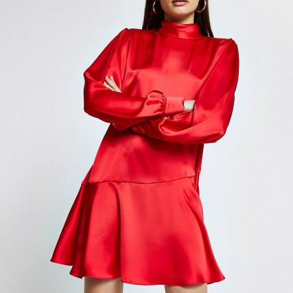RIVR ISLAND Red peplum hem shift mini dress ~ high neck satin dresses