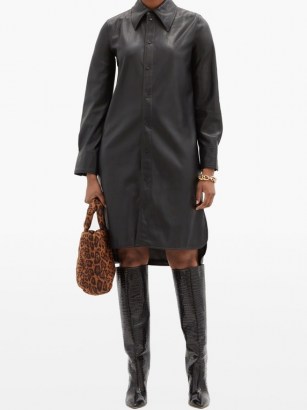 STAND STUDIO Remi faux-leather shirt dress ~ black dip hem point collar dresses ~ curved step hemline ~ front button up - flipped