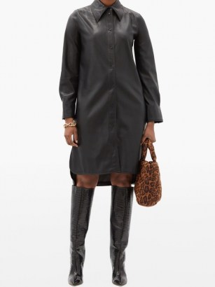 STAND STUDIO Remi faux-leather shirt dress ~ black dip hem point collar dresses ~ curved step hemline ~ front button up