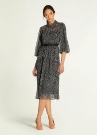 L.K. BENNETT ROWAN BLACK & CREAM SPOT PRINT MIDI DRESS / feminine sheer overlay dresses