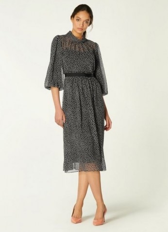 L.K. BENNETT ROWAN BLACK & CREAM SPOT PRINT MIDI DRESS / feminine sheer overlay dresses - flipped