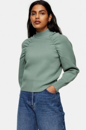 TOPSHOP Sage Gathered Sleeve Knitted Sweatshirt ~ green ruched sweatshirts - flipped