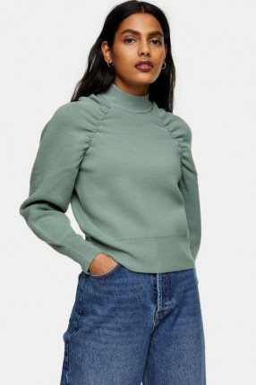 TOPSHOP Sage Gathered Sleeve Knitted Sweatshirt ~ green ruched sweatshirts