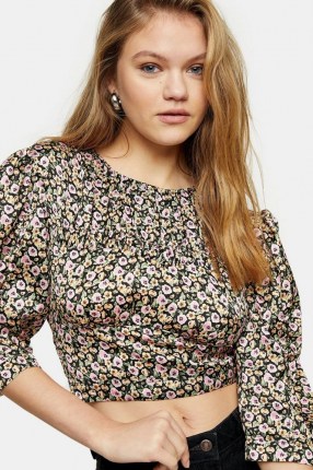 TOPSHOP Satin Ditsy Floral Print Ruched Cropped Blouse / open back crop waist blouses - flipped