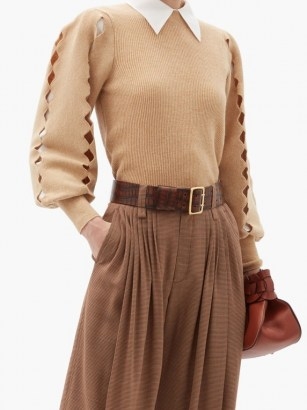 CHLOÉ Scalloped-edge cutout wool-blend sweater | cut out sweaters | beige balloon sleeve jumper - flipped