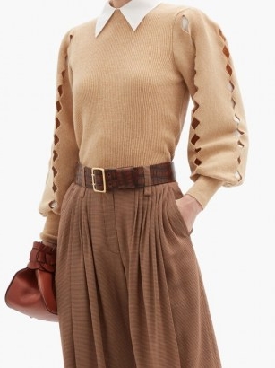 CHLOÉ Scalloped-edge cutout wool-blend sweater | cut out sweaters | beige balloon sleeve jumper