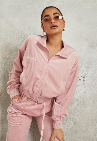 sean john x missguided pink velour zip front crop jacket - flipped