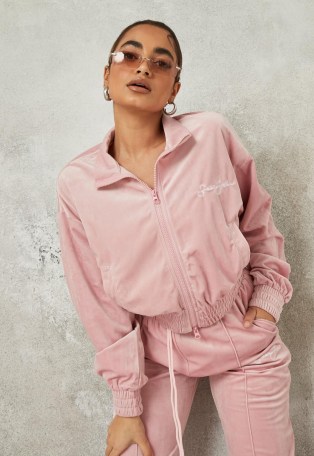 sean john x missguided pink velour zip front crop jacket