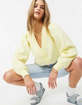 Selected Femme cardigan with balloon sleeves in pastel yellow | volume sleeved V-neck cardigans - flipped
