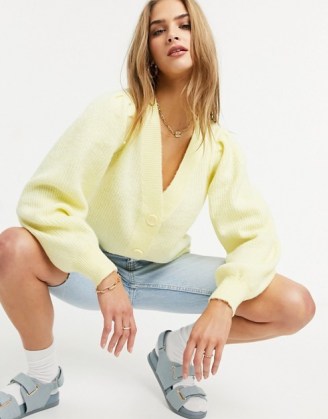 Selected Femme cardigan with balloon sleeves in pastel yellow | volume sleeved V-neck cardigans