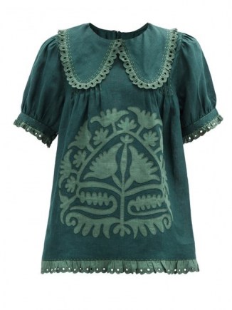 VITA KIN Shalimar floral-appliqué linen blouse / green folk blouses / boho top - flipped