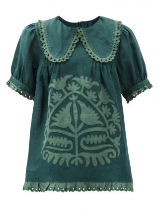 VITA KIN Shalimar floral-appliqué linen blouse / green folk blouses / boho top