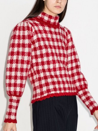 Shrimps Elisa check-pattern roll-neck jumper ~ red and white volume sleeve jumpers - flipped