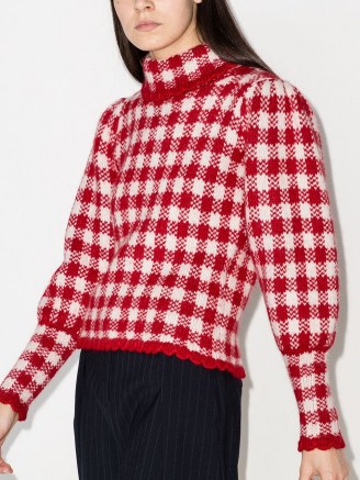 Shrimps Elisa check-pattern roll-neck jumper ~ red and white volume sleeve jumpers