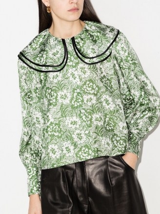 Shrimps floral print silk blouse / green large collar blouses - flipped