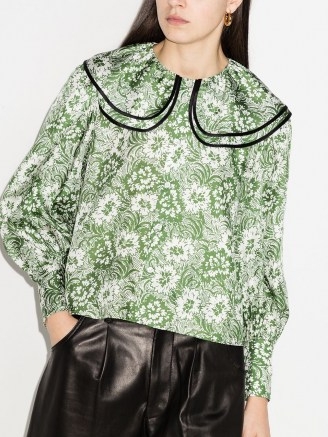 Shrimps floral print silk blouse / green large collar blouses