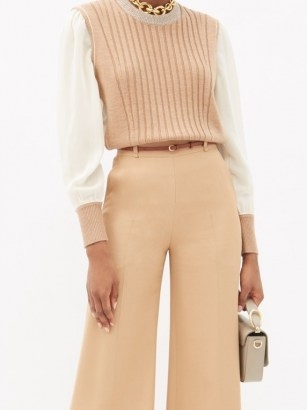 CHLOÉ Silk-sleeve ribbed wool sweater / camel colour block sweaters - flipped