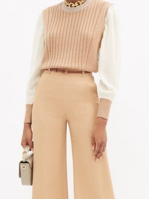 CHLOÉ Silk-sleeve ribbed wool sweater / camel colour block sweaters
