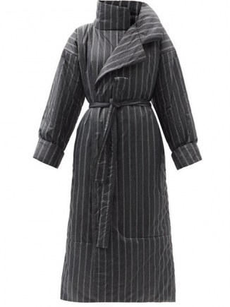 NORMA KAMALI Sleeping Bag striped padded coat – black pinstripe wrap coats - flipped