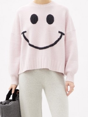 JOOSTRICOT Smiley face-embroidered merino-wool blend sweater ~ light pink sweaters - flipped
