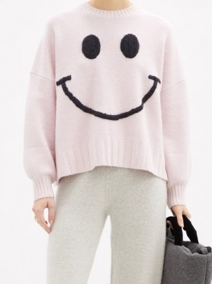 JOOSTRICOT Smiley face-embroidered merino-wool blend sweater ~ light pink sweaters