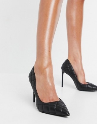 Steve Madden Vala heeled pointed court shoe in black quilt ~ black quilted courts ~ stiletto heels - flipped