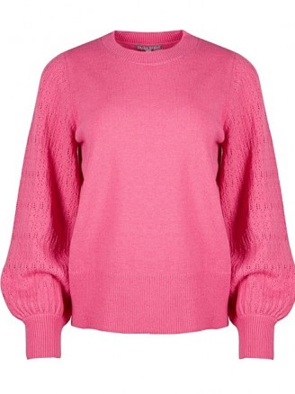 OLIVER BONAS Stitch Detail Sleeve Pink Knitted Jumper | bright volume sleeve crew neck - flipped