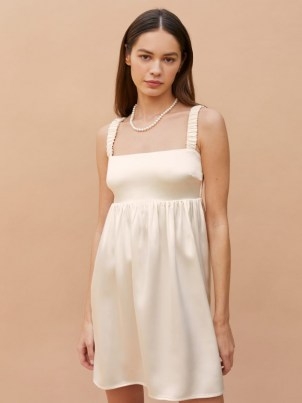 REFORMATION Sunshine Dress ~ short ivory ruched strap wedding dresses ~ beautiful alternatives to a bridal gown - flipped