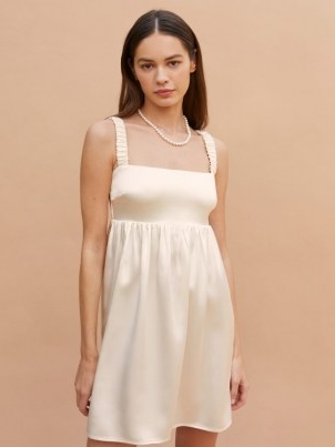 REFORMATION Sunshine Dress ~ short ivory ruched strap wedding dresses ~ beautiful alternatives to a bridal gown