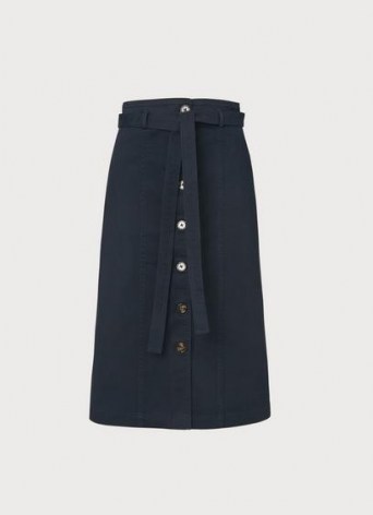 L.K. BENNETT SUSSEX NAVY COTTON BUTTON-THROUGH SKIRT / classic casual dark blue A-line skirts