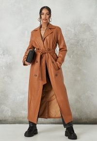 MISSGUIDED tan faux leather belted trench coat